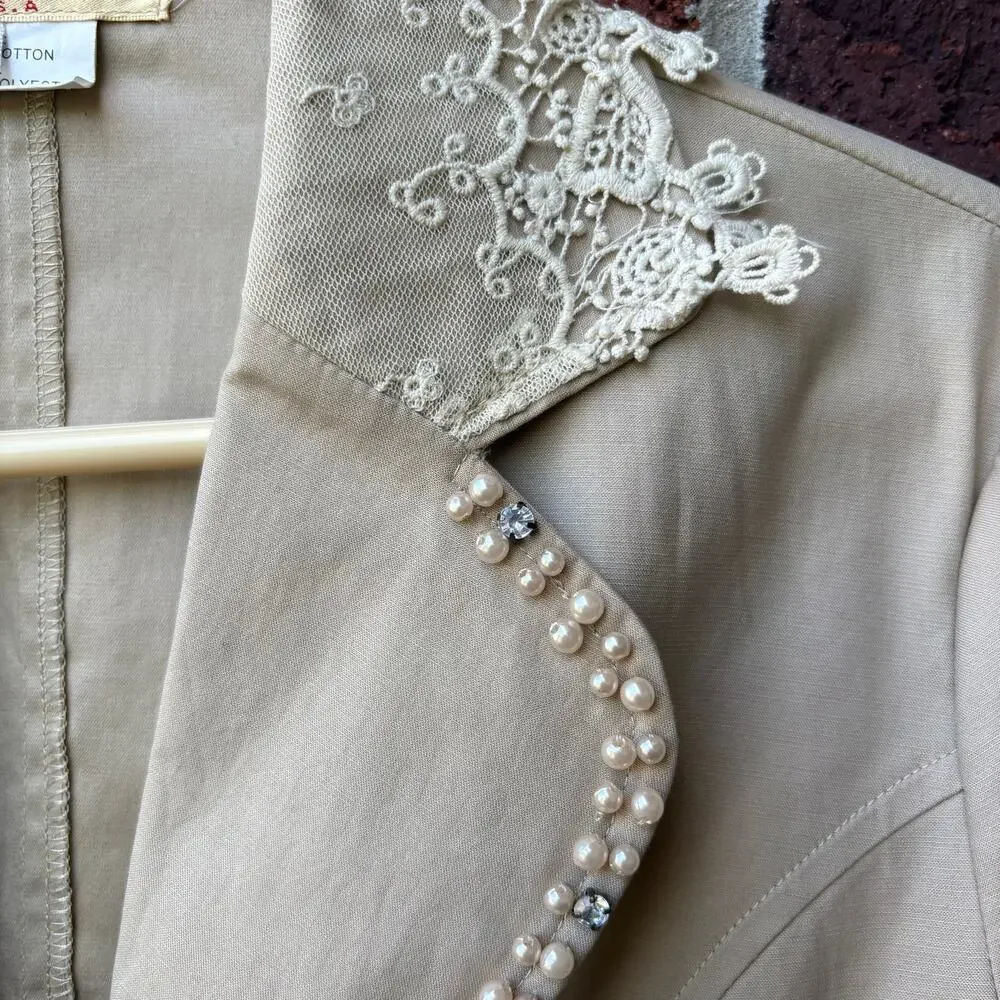 New MOA Lace Pearl Embellished Blazer Jacket Beige XXL